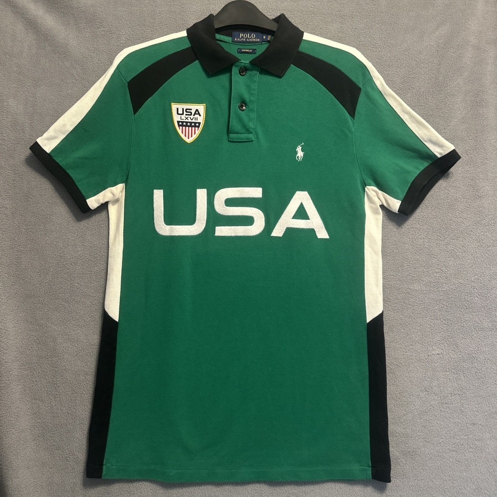 Polo‎ Ralph Lauren USA LXVII #3 Rugby Polo Shirt Custom Fit Mens Small Green